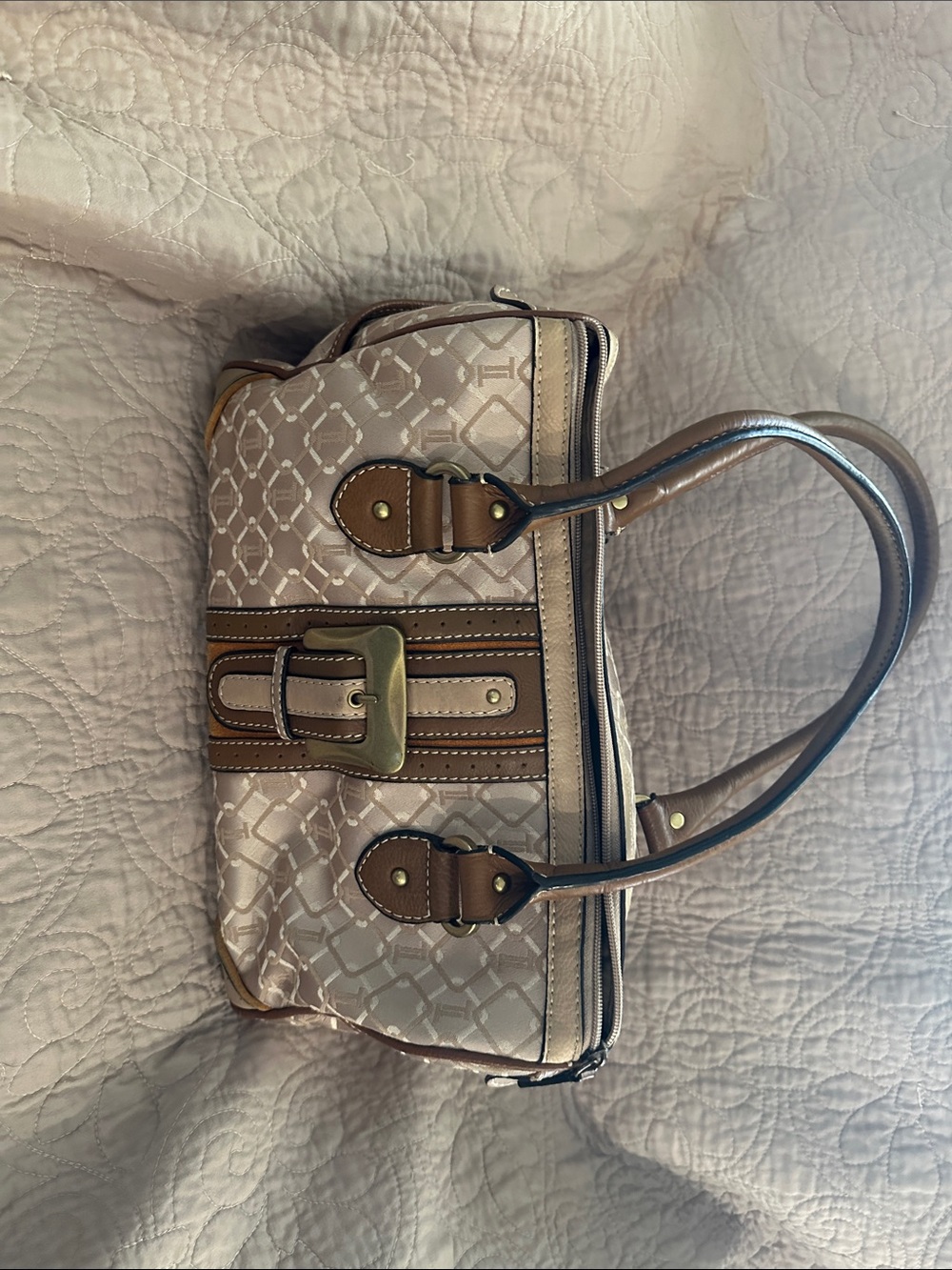 Tignanello Beige Jacquard Monogram Satchel Handbag Leather Trim ECU